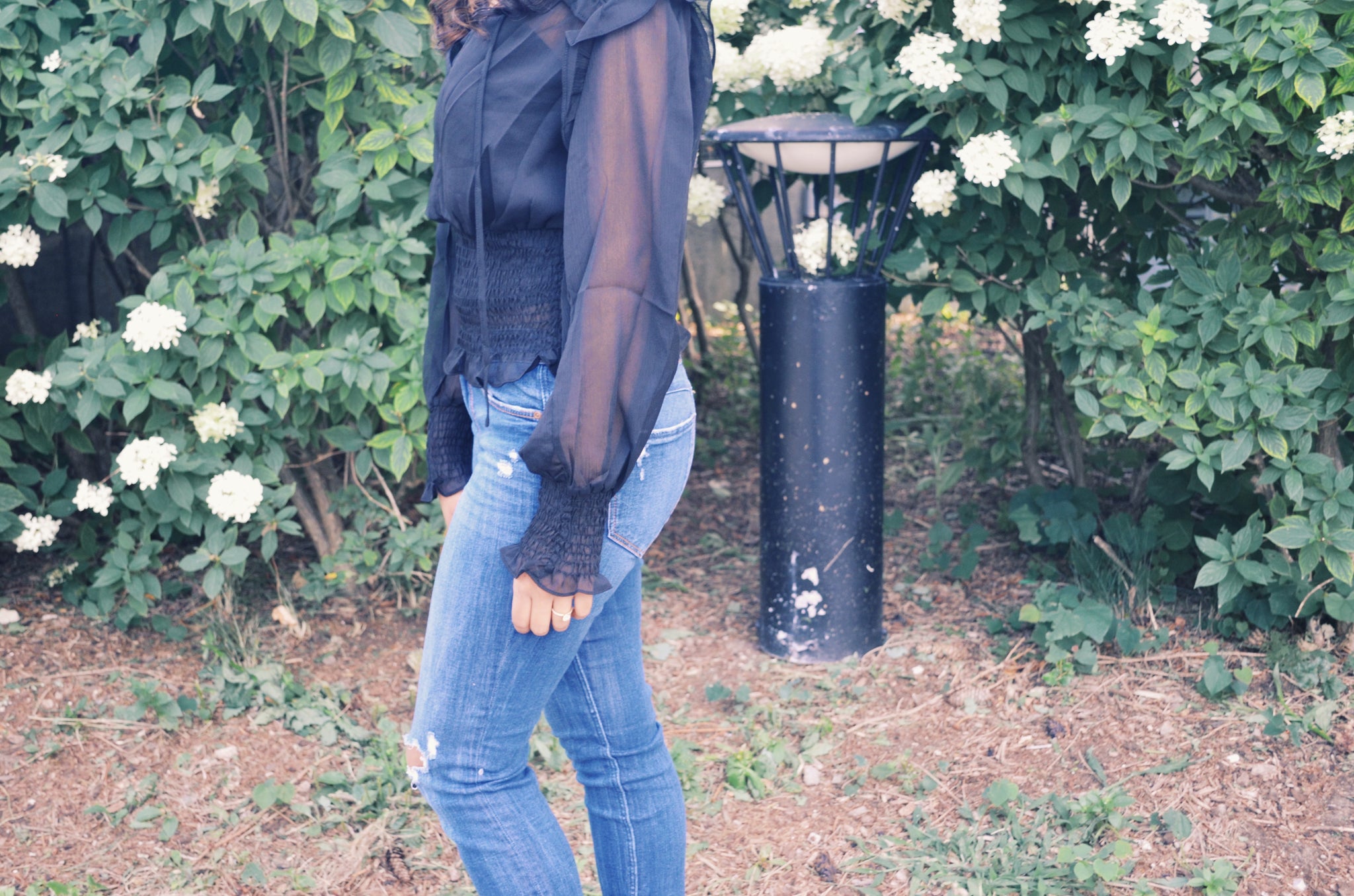 Smocked Chiffon Black Blouse