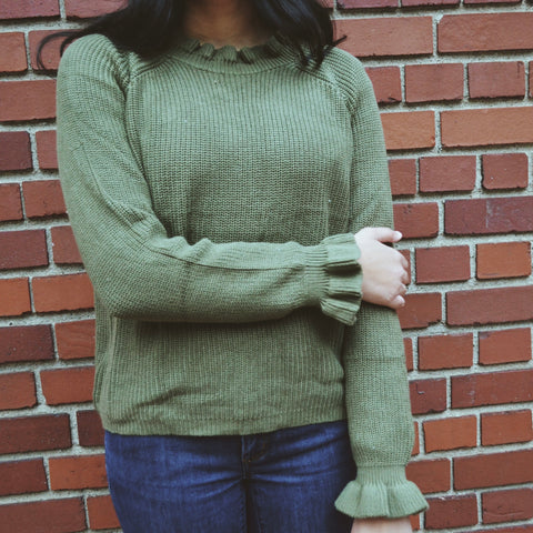 Brie High Neck Olive Ruffle Sweater